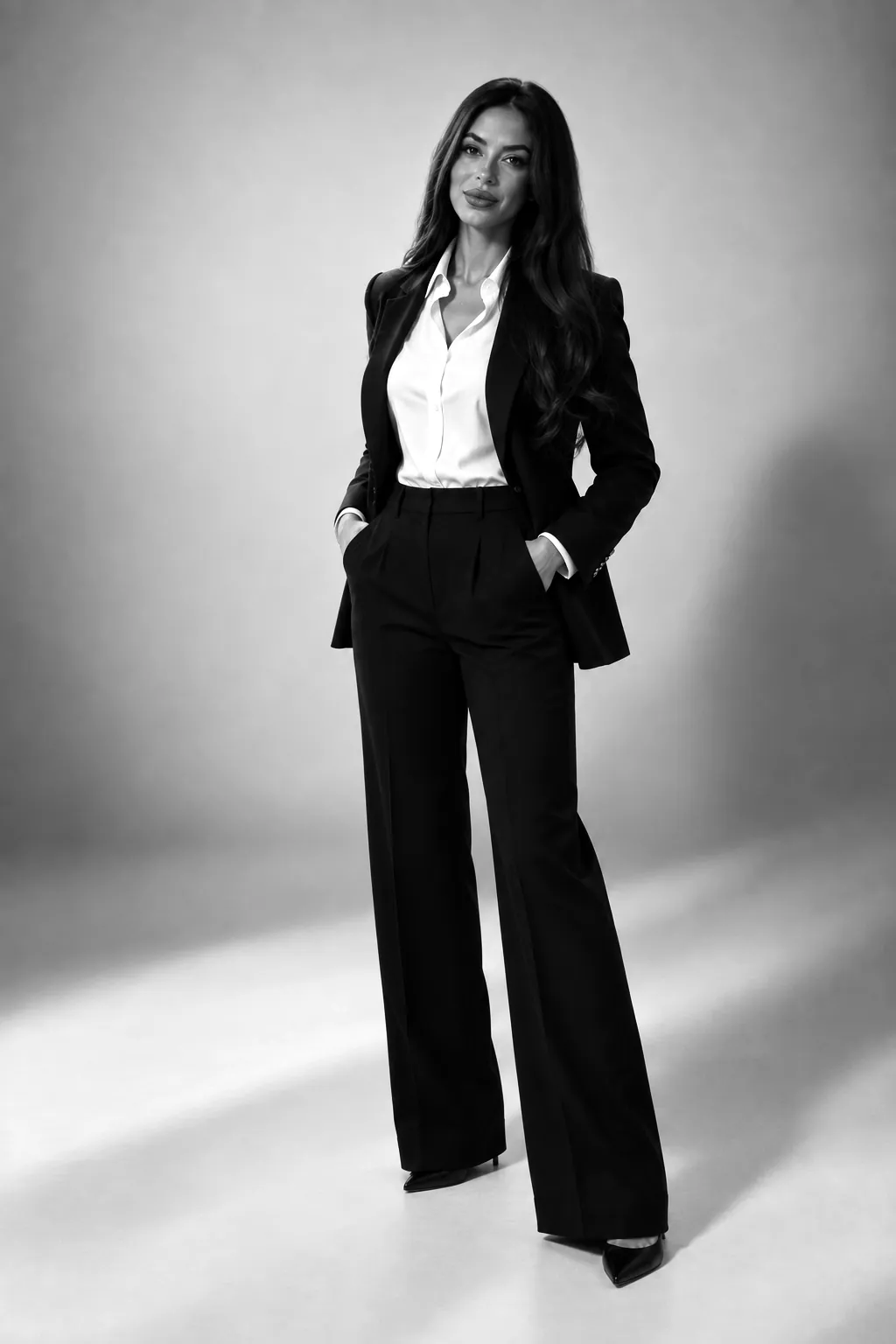 Samantha del Castillo de pie, con traje negro
