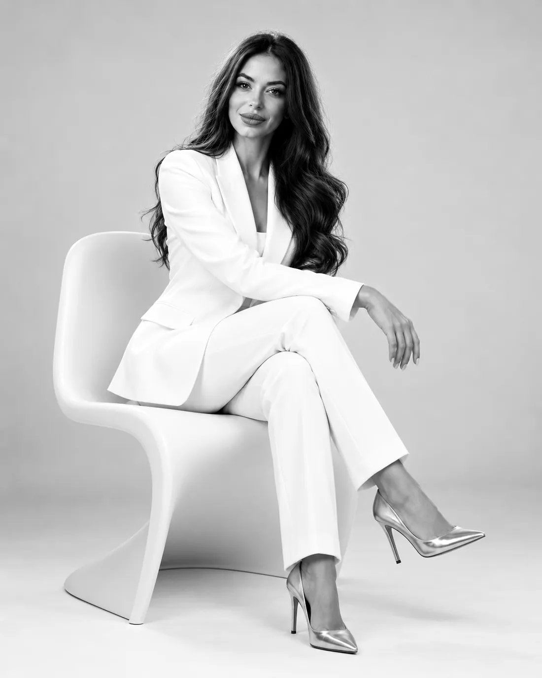 Samantha del Castillo con traje blanco